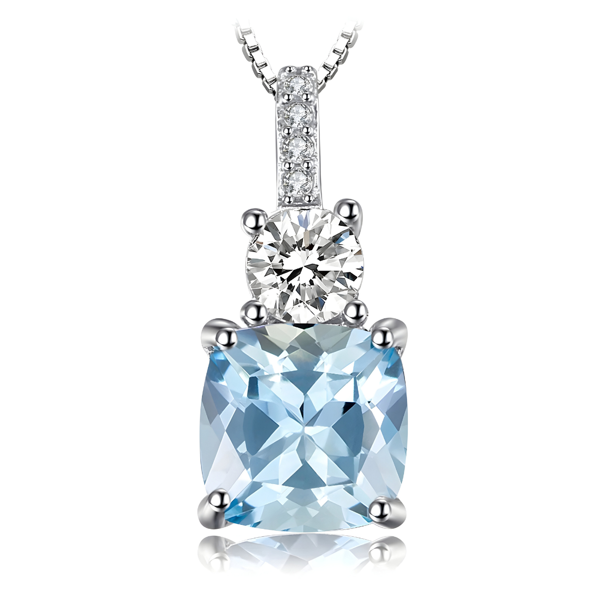 Collier Aigue Marine pendentif carré coussin en pierre naturelle aigue‑marine bleu clair facettée sertie quatre griffes sur monture métal argenté