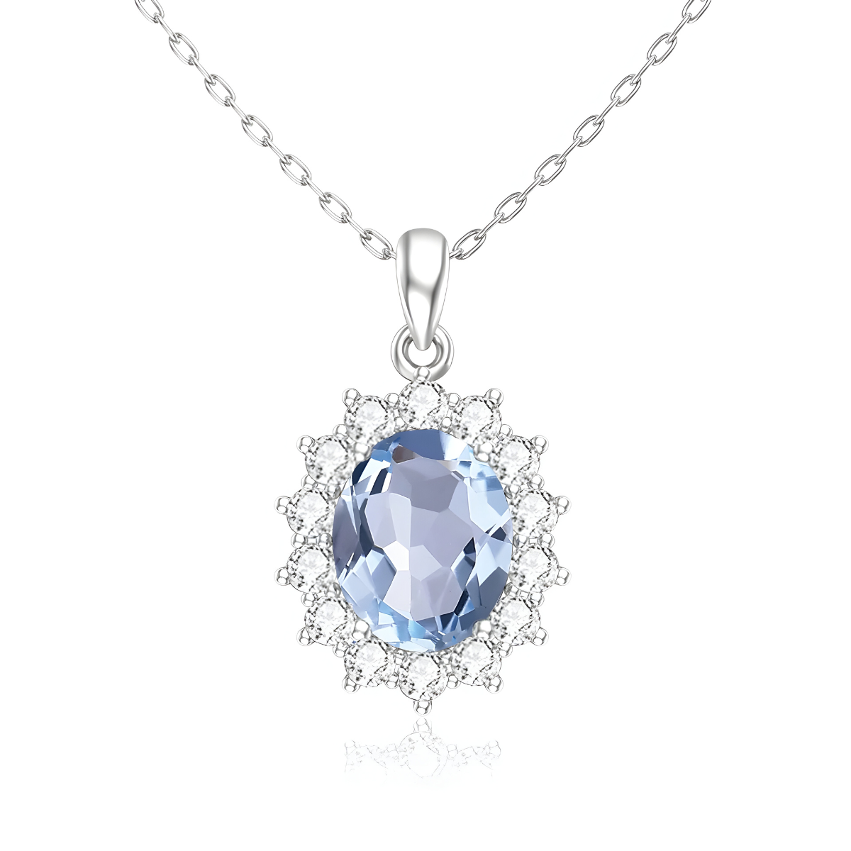 Collier Aigue Marine pendentif ovale en pierre naturelle bleu clair facettée entourée d’un halo de zircons blancs serti sur monture argentée avec chaîne fine