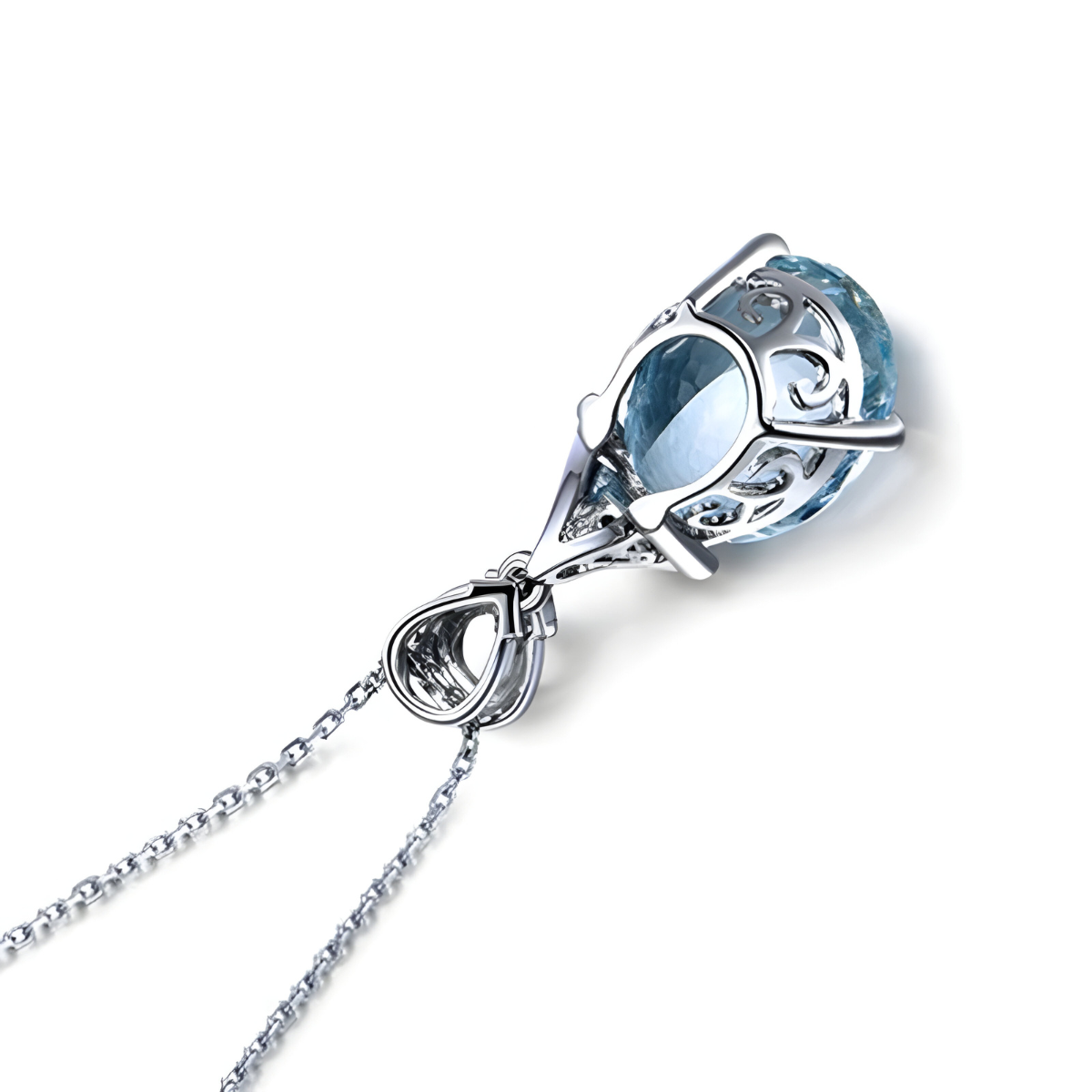 Collier Aigue Marine pendentif ovale pierre naturelle aigue‑marine bleu océan facettée sertie monture argentée ajourée suspendu à chaîne fine réglable