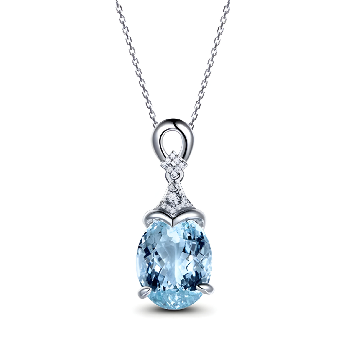 Collier Aigue Marine pendentif ovale pierre naturelle aigue‑marine facettée bleu océan sertie monture argentée suspendu à chaîne fine vue frontale