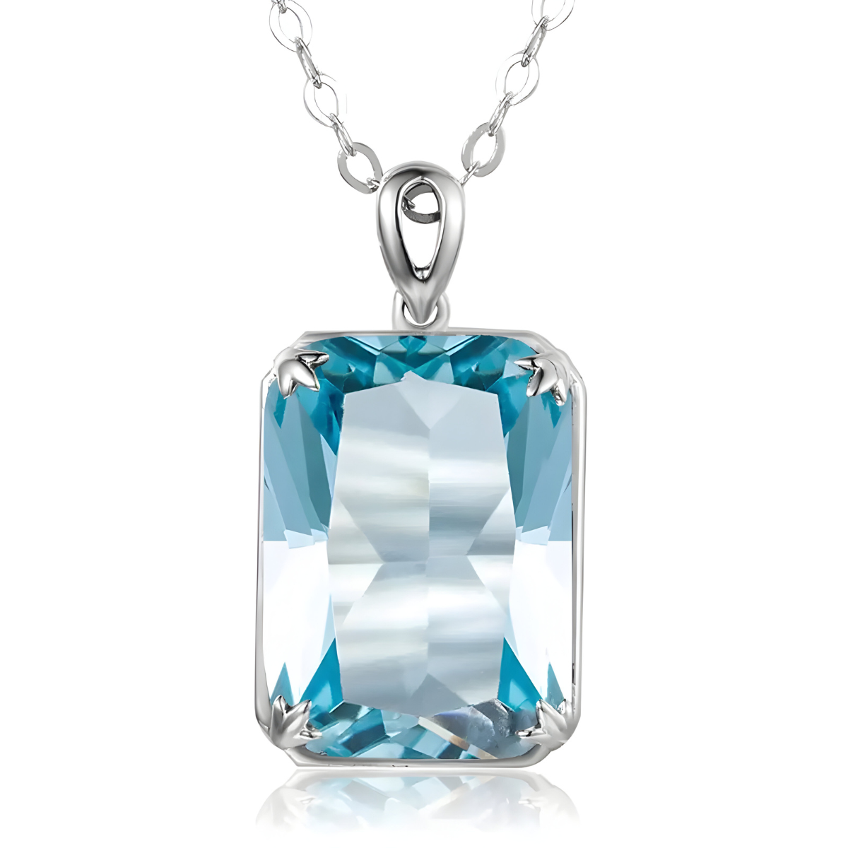 Collier Aigue Marine Bleu pendentif rectangle pierre naturelle facettée serti quatre griffes métal argenté vue oblique suspendu à chaîne fine