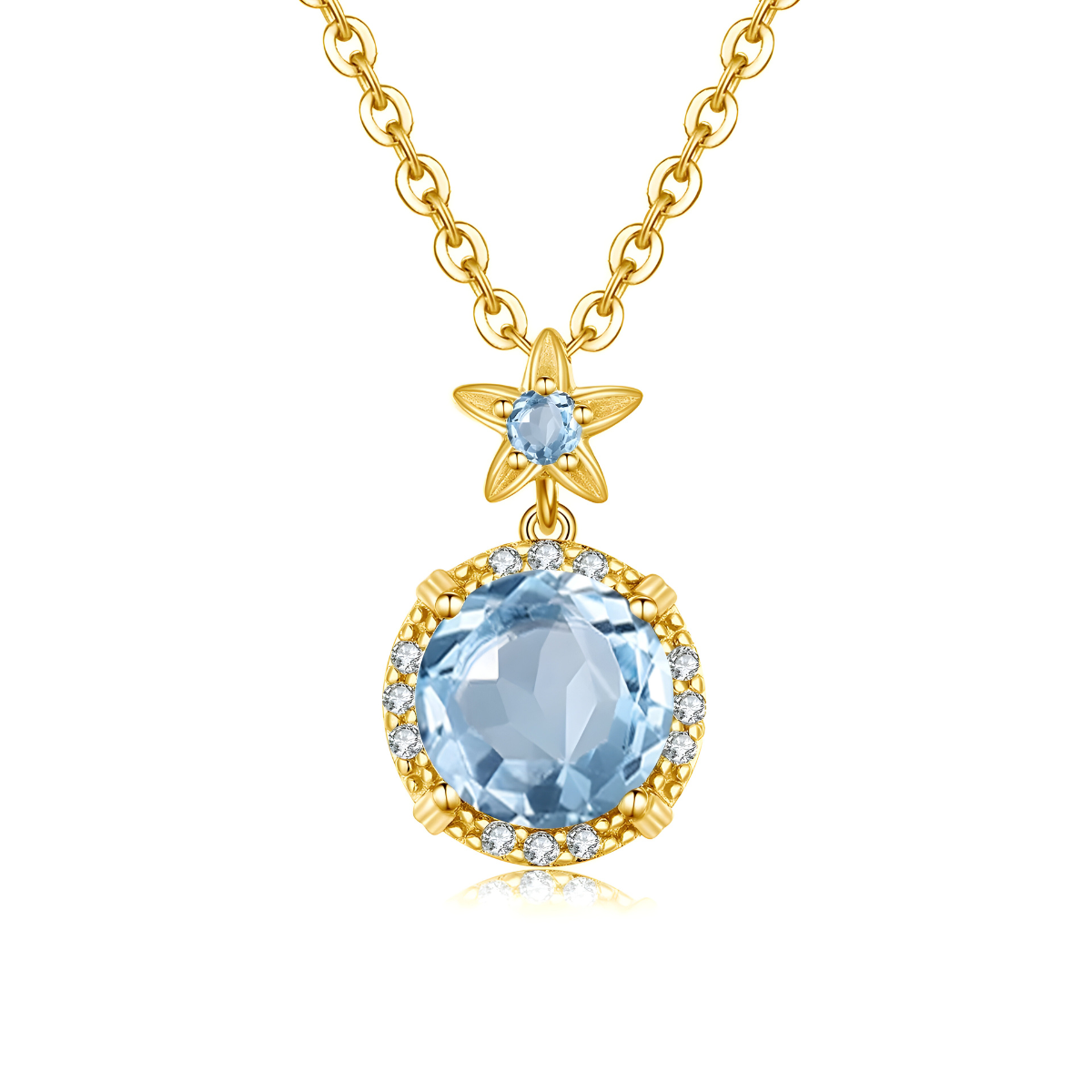 collier aigue marine en or avec pendentif rond orné d’une grande pierre bleue facettée entourée de petits cristaux