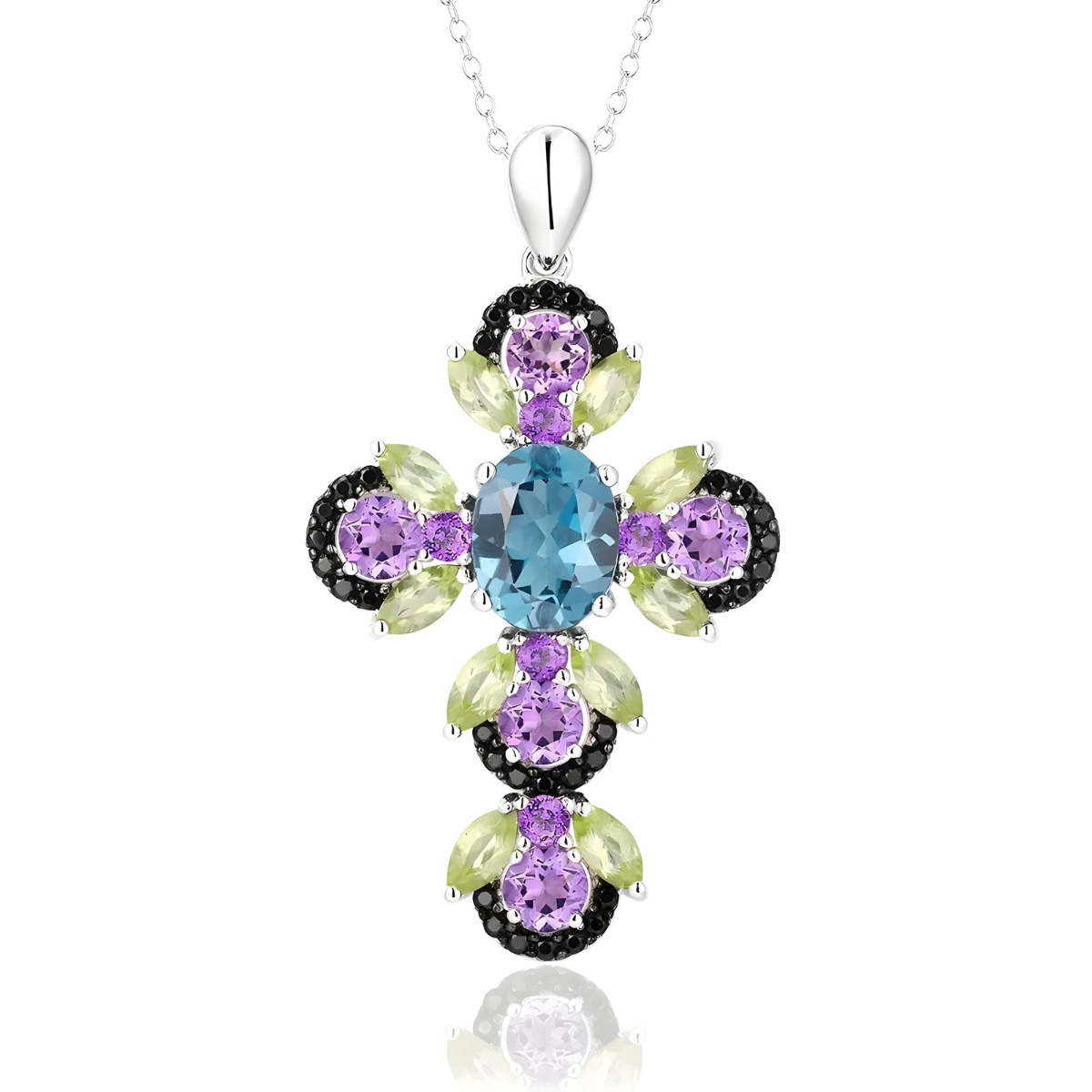 Collier Améthyste Argent pendentif croix en métal argenté orné d’améthyste violette, topaze bleue ovale, péridot marquise et zircons noirs