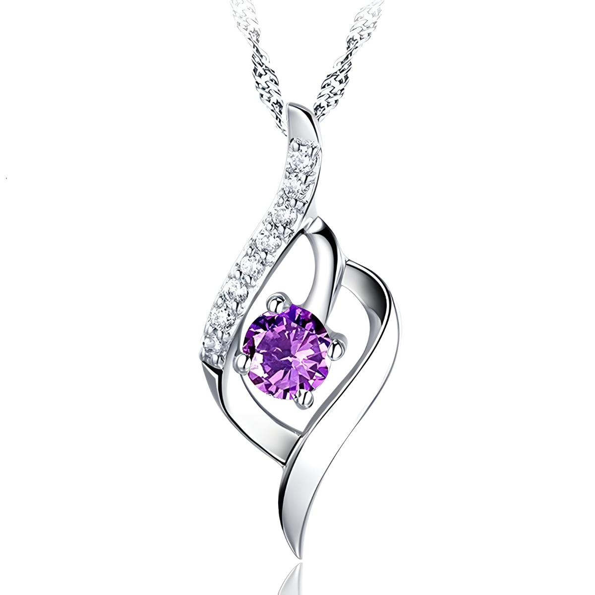 Collier Améthyste Argent pendentif moderne forme fluide en métal argenté orné d’une améthyste ronde violette facettée et de petits zircons blancs