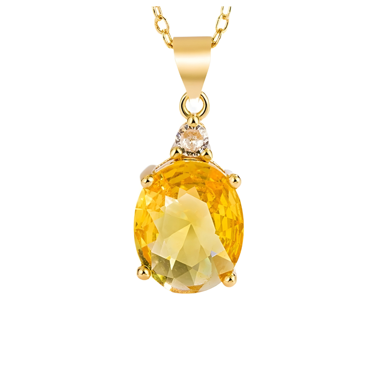 Collier Citrine pierre naturelle jaune facettée en pendentif ovale serti métal doré, bélière simple, suspendu à une chaîne fine ajustable
