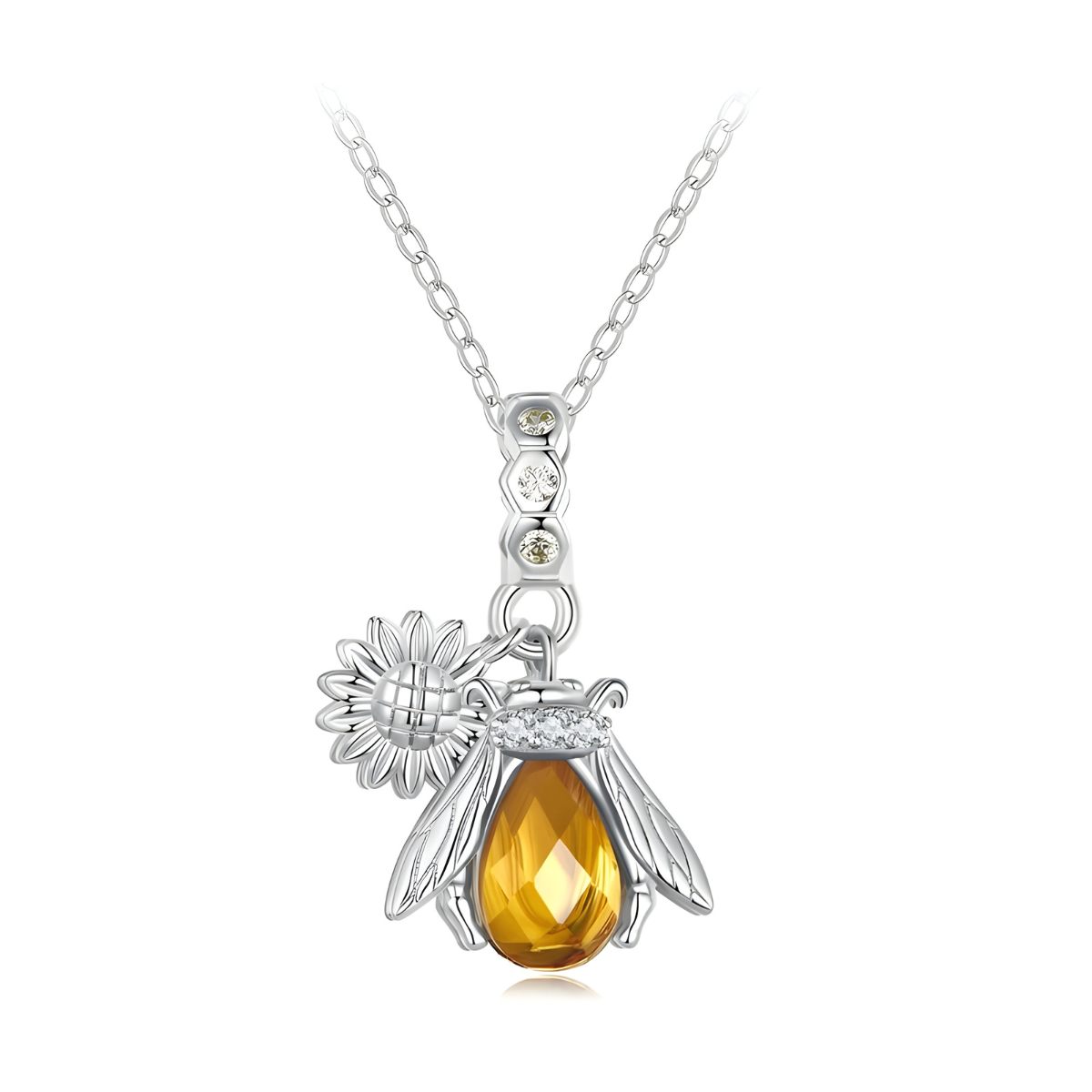 Collier Citrine pendentif abeille en pierre naturelle citrine facettée forme goutte, monture métal argenté détail ailes et breloque tournesol