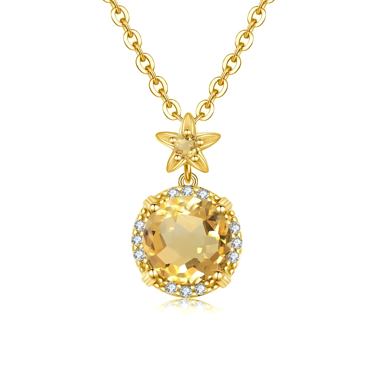 Une chaîne fine dorée porte un pendentif composé d’une étoile sertie d’une petite pierre naturelle de citrine et d’un médaillon rond serti d’un halo de zircons, collier Citrine