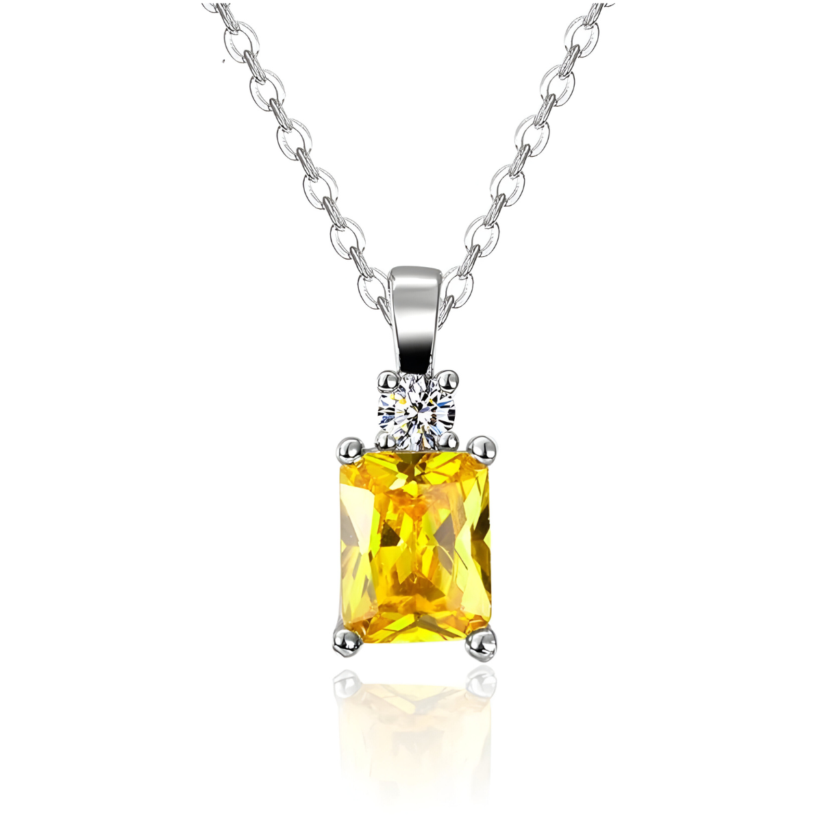 Collier Citrine pierre naturelle jaune en pendentif rectangle serti argent sur chaîne fine, bijou élégant pour un style raffiné et lumineux