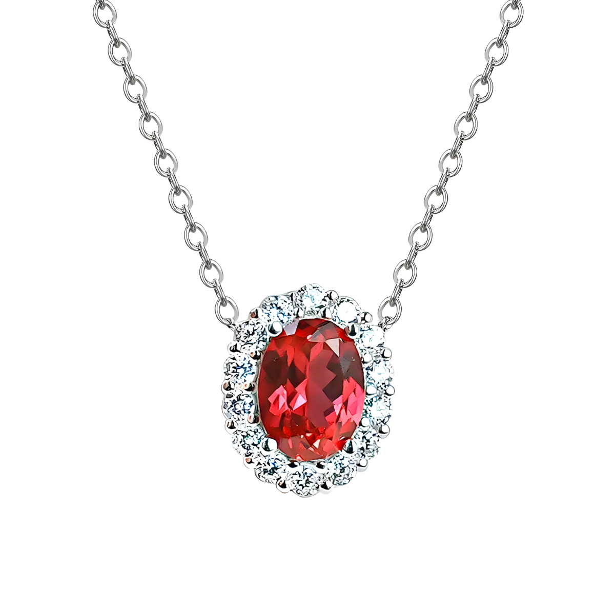 Une chaîne fine argentée porte un pendentif ovale en grenat rouge naturel facetté, collier Grenat serti de zircons blancs en halo