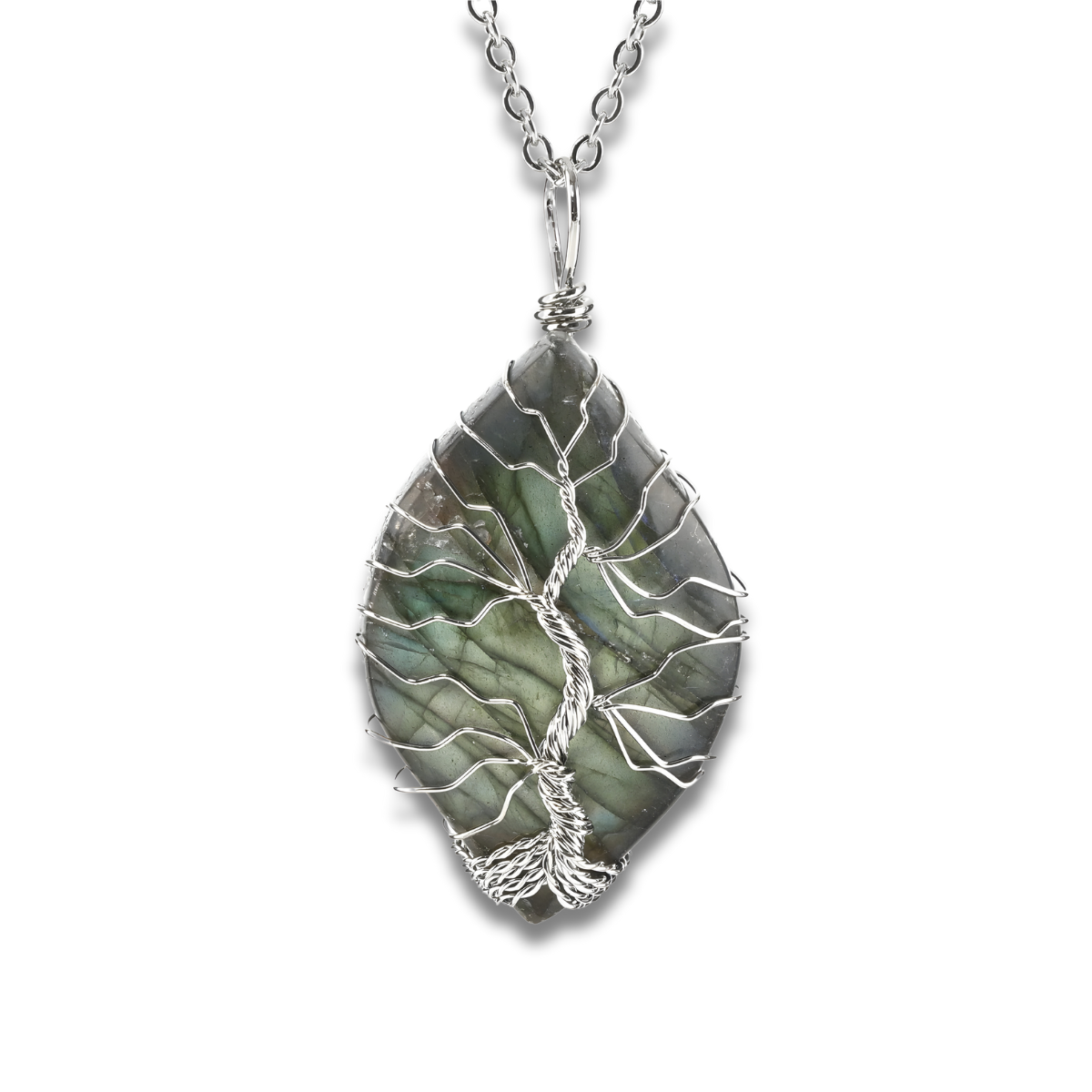 Collier Labradorite Argent pendentif goutte en labradorite verte irisée filigranée d’un arbre de vie en fil d’argent, suspendu à une fine chaîne argentée