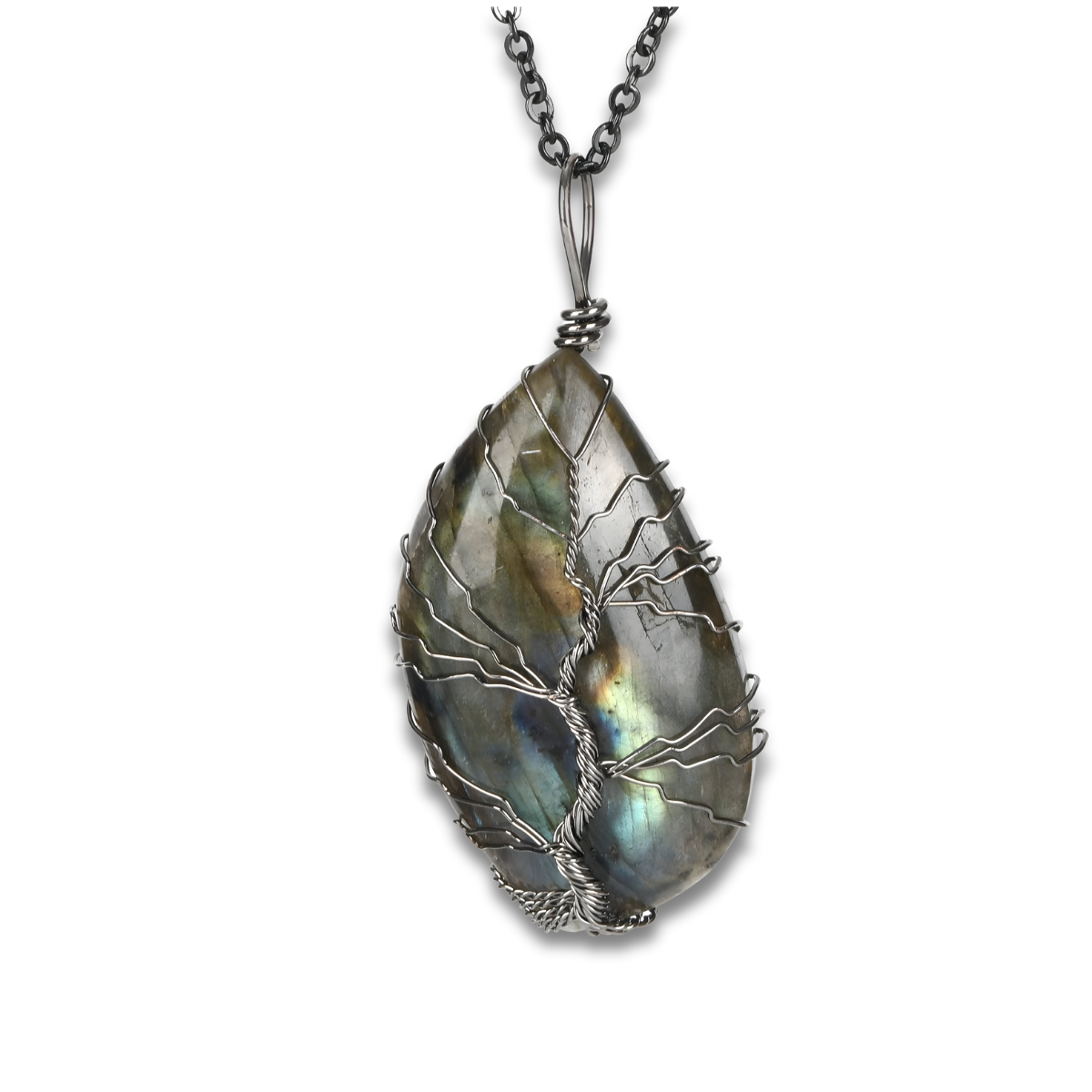 Collier Labradorite Argent pendentif goutte en pierre labradorite irisée vert-bleu serti de fil argenté torsadé formant motif arbre de vie, suspendu à une fine chaîne noire