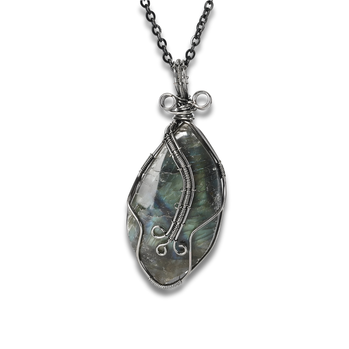 Collier Labradorite Argent pendentif goutte en pierre labradorite irisée vert-bleu serti de fil argenté, suspendu à une fine chaîne noire