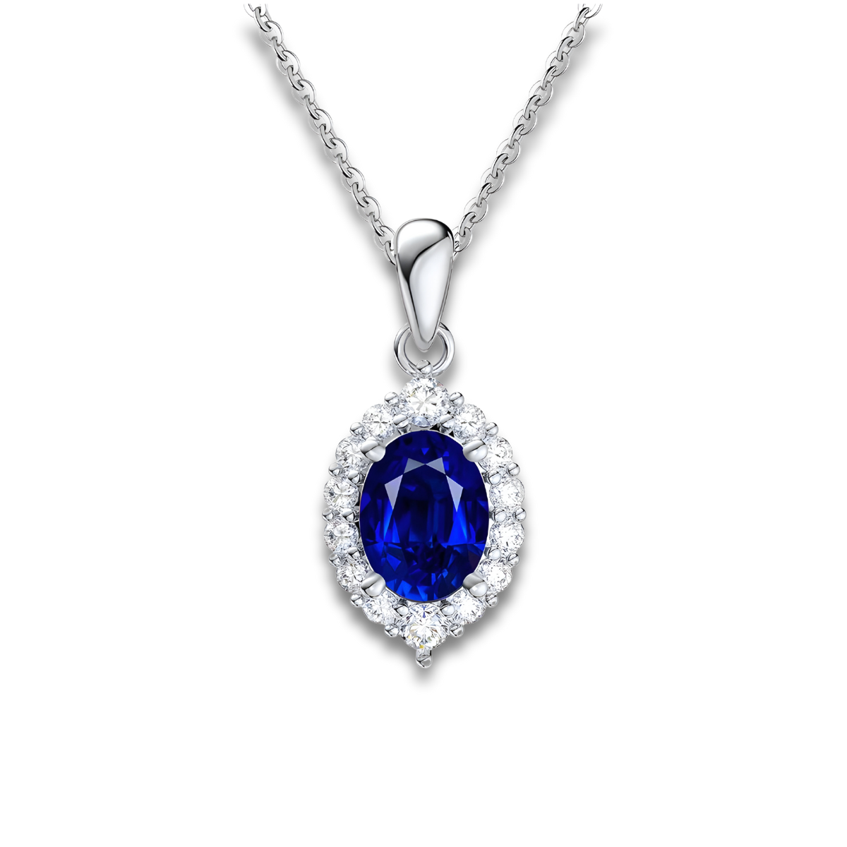 Collier Lapis Lazuli argent, pendentif ovale bleu profond bordé de cristaux transparents sertis sur monture argentée, chaîne fine argentée