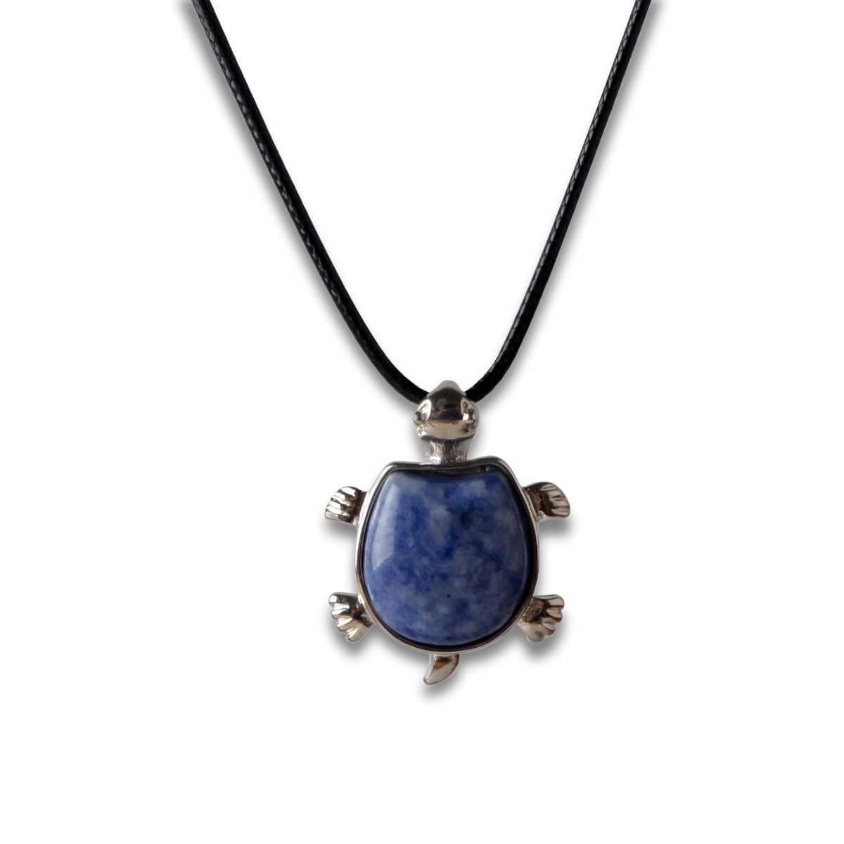Collier Lapis Lazuli Argent pendentif tortue en pierre bleue naturelle sertie dans une monture argentée en forme de tortue, suspendu à un cordon noir