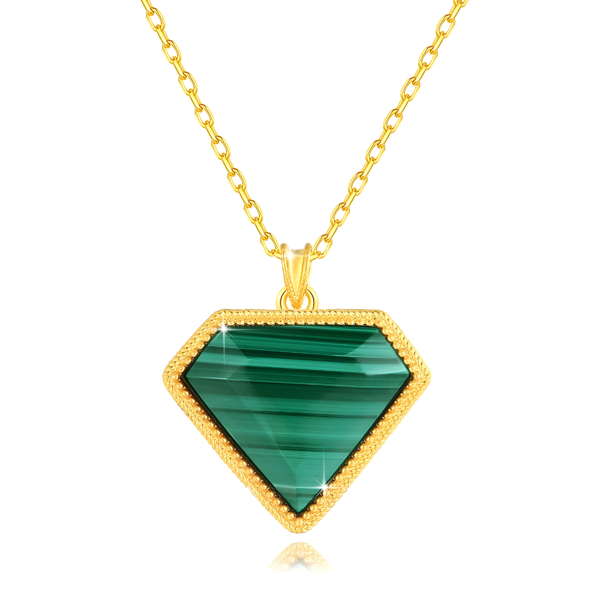Collier avec pendentif diamanté en malachite striée de vert foncé et monture dorée texturée