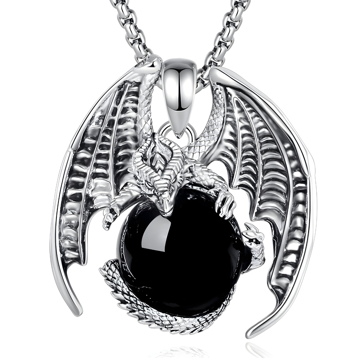 Collier obsidienne avec pendentif dragon argenté enroulé autour d’une pierre noire ronde