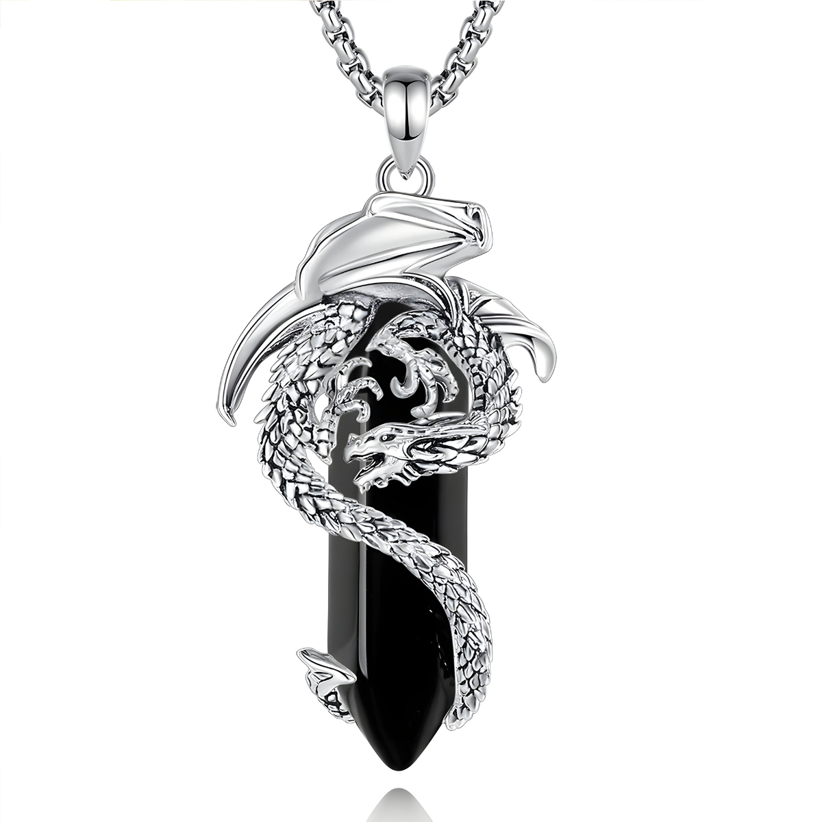 Collier obsidienne avec pendentif en cristal noir taillé, enroulé d’un dragon argenté aux écailles et ailes finement sculptées
