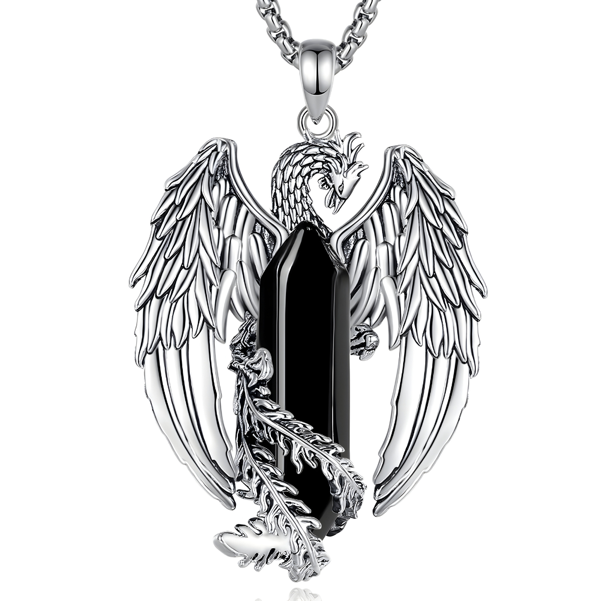 Collier obsidienne orné d’un cristal noir allongé enserré par un phénix argenté aux ailes étendues et plumes finement ciselées
