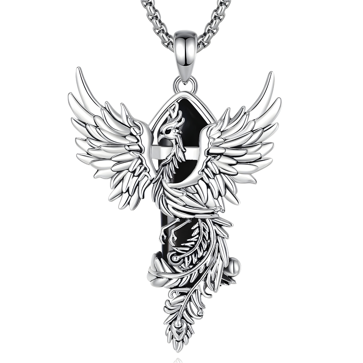 Collier obsidienne avec pendentif en forme de phœnix argenté aux ailes déployées, entourant une pierre noire allongée