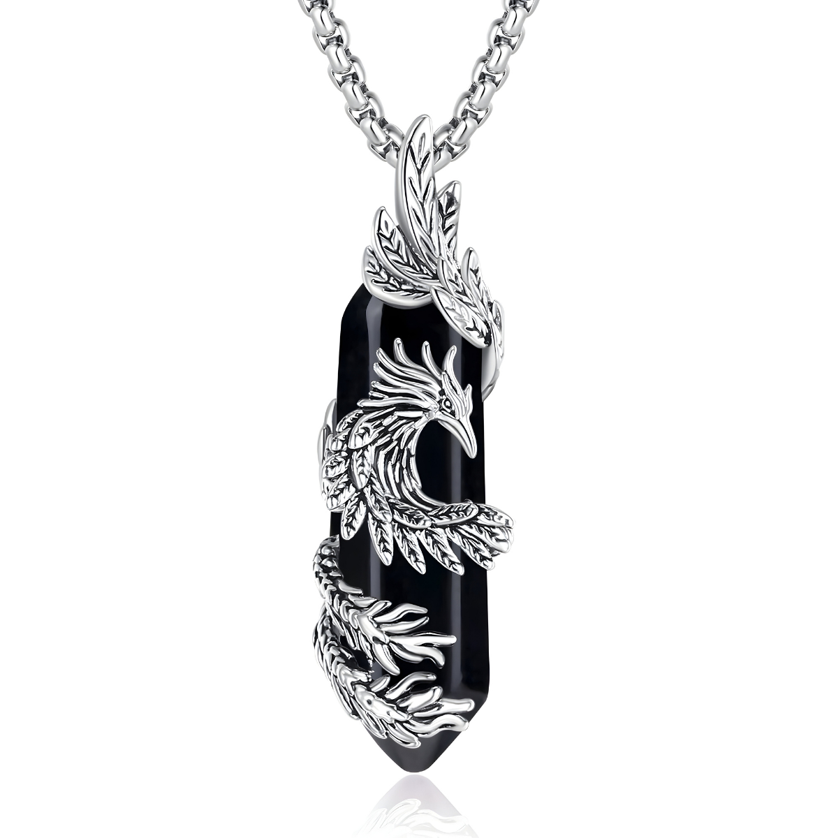 Collier obsidienne avec pendentif en cristal noir taillé, orné d’un phénix argenté aux détails fins et ailes stylisées