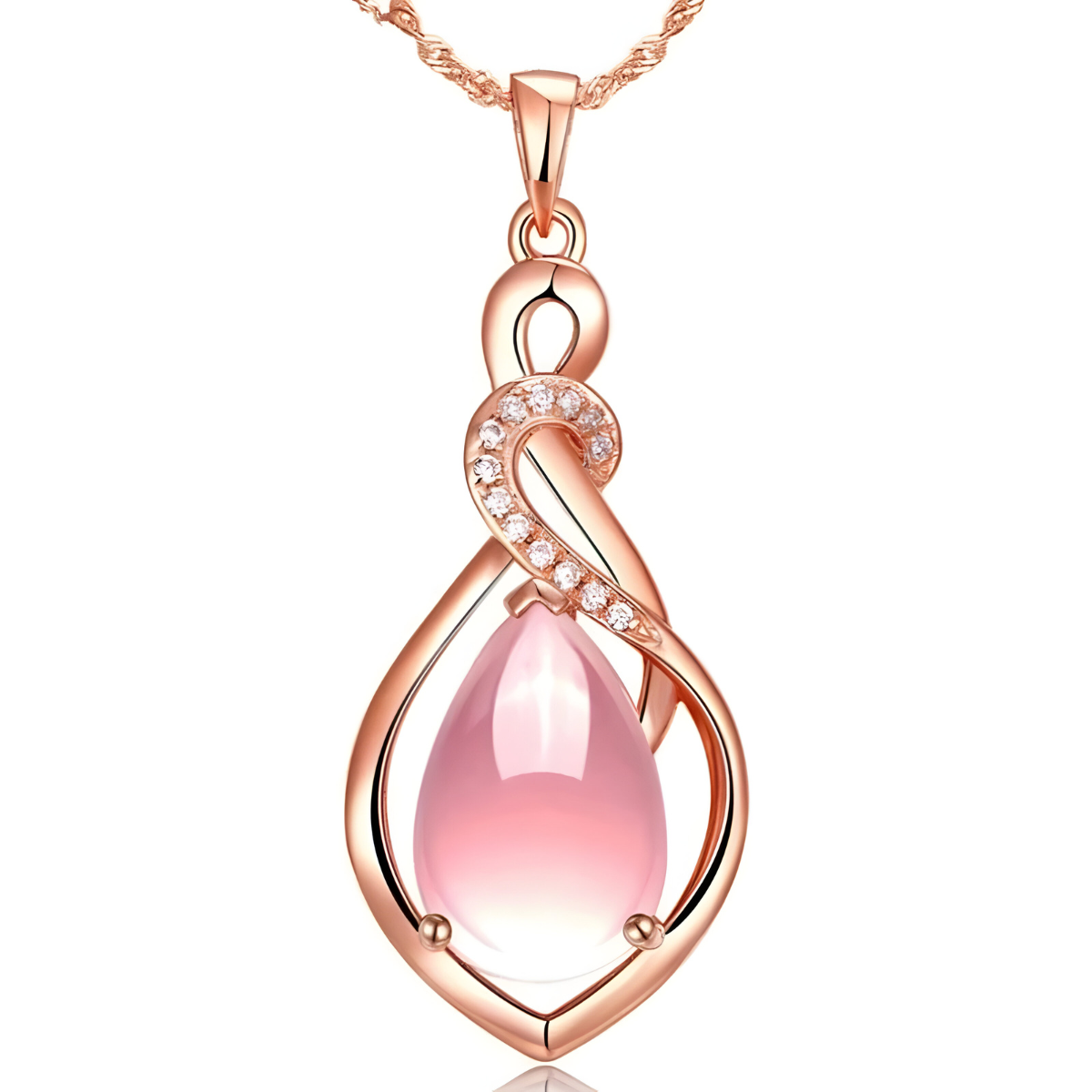 Un Collier Quartz en or rose, orné d’un pendentif goutte rose et d’un motif courbé serti de cristaux
