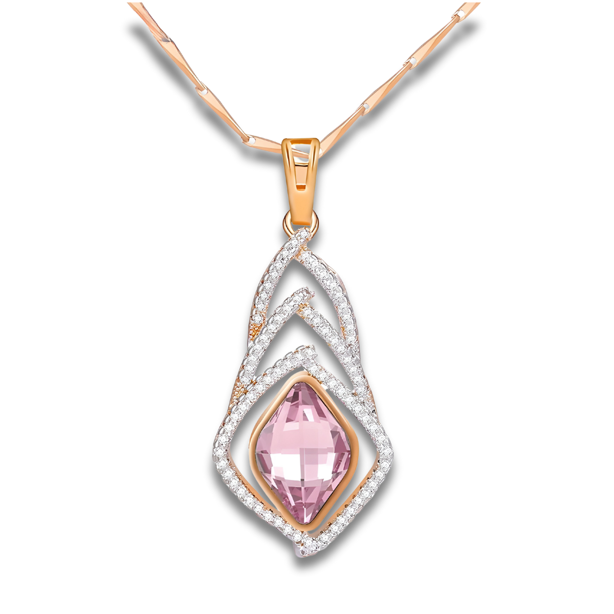 Un Collier Quartz en or rose, doté d’un pendentif aux formes entrelacées serties de cristaux et d’une pierre rose taillée en losange