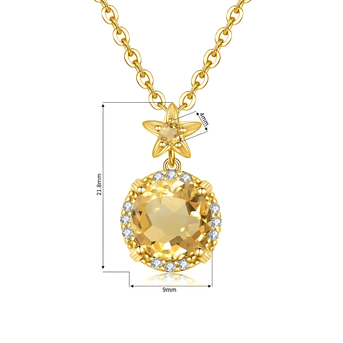 Collier citrine doré avec pendentif rond de 9 mm orné de pierres blanches et étoile de 4 mm