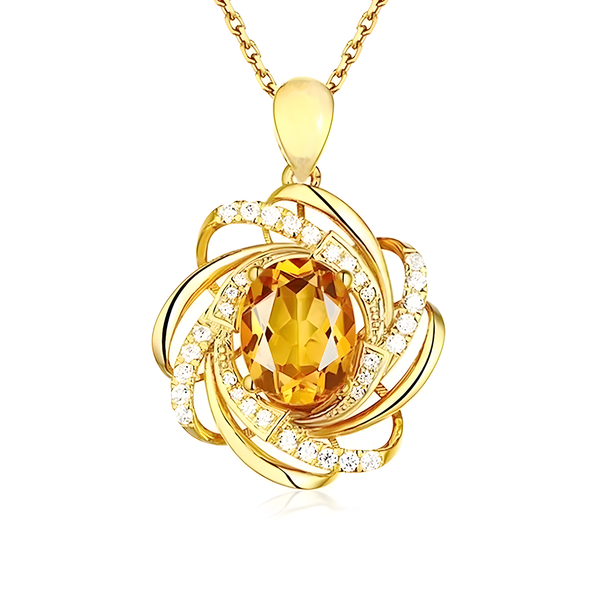 Une fine chaîne dorée porte un pendentif goutte en pierre naturelle de citrine translucide serti dans un motif spiralé en or, collier Citrine