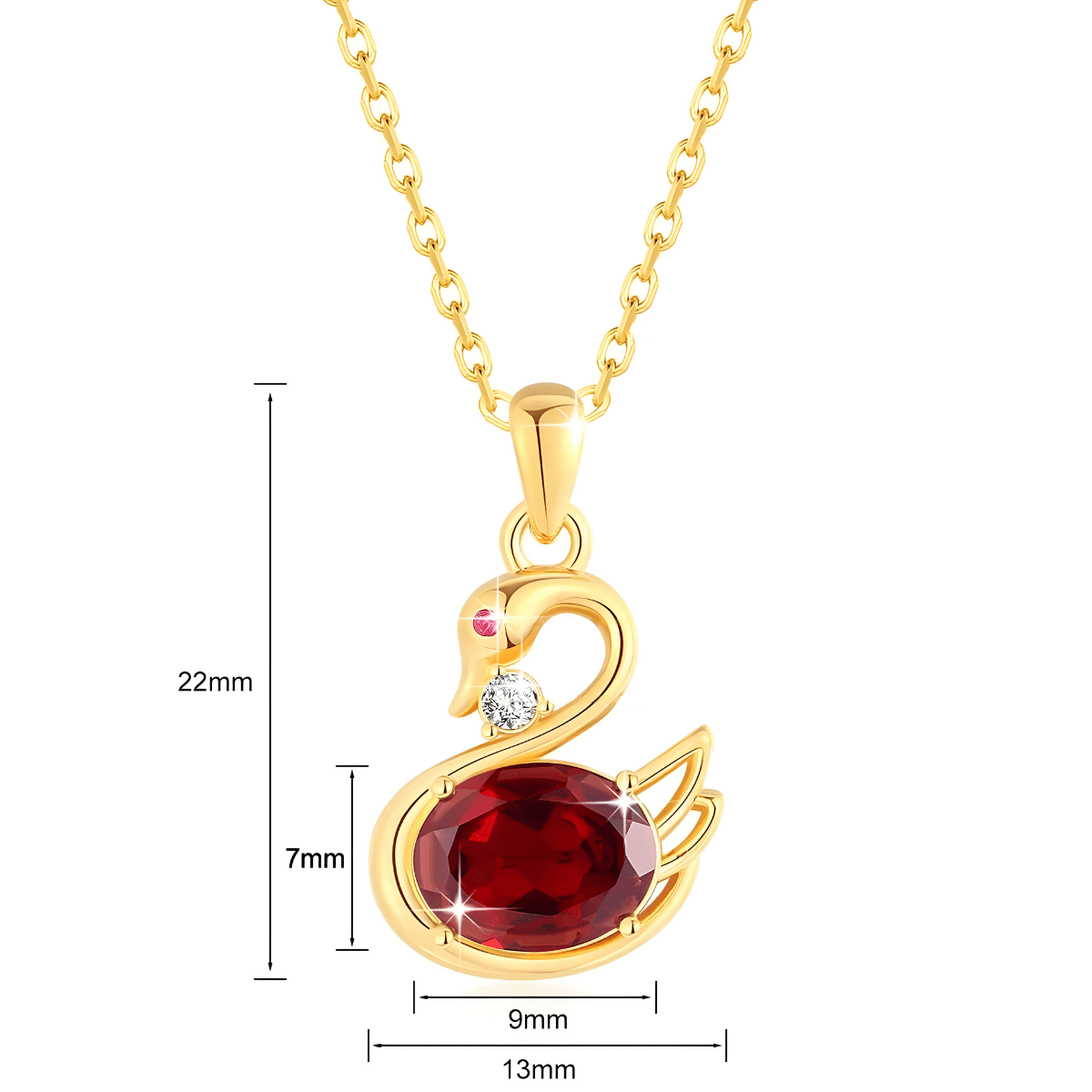 Collier grenat doré en forme de cygne avec pierre rouge ovale et strass scintillant