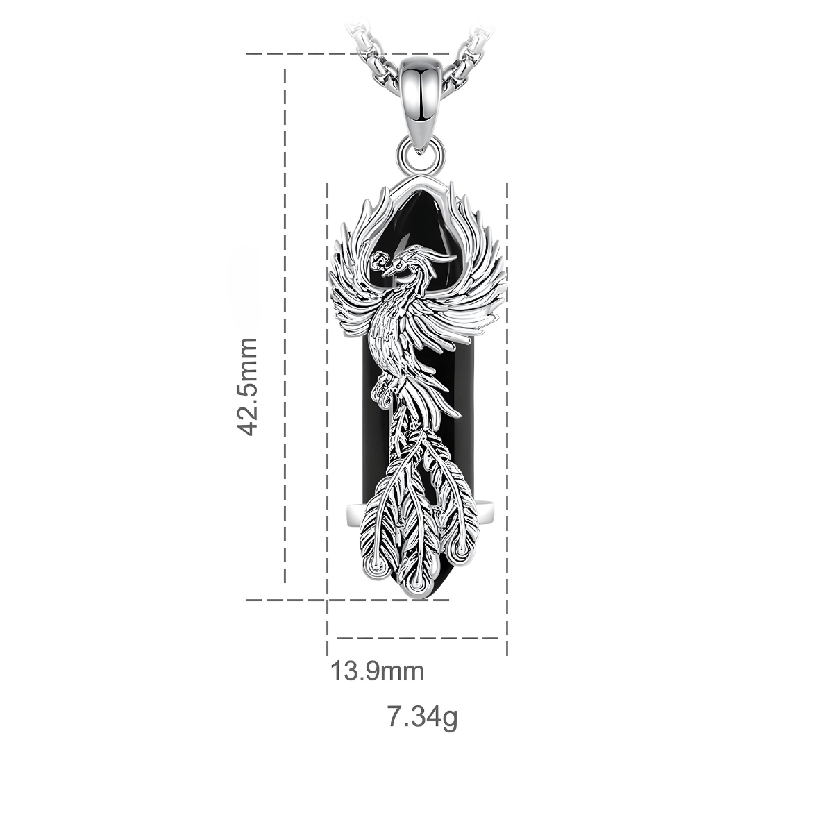 Collier obsidienne avec pendentif en pierre noire orné d’un phénix argenté détaillé et de plumes sculptées