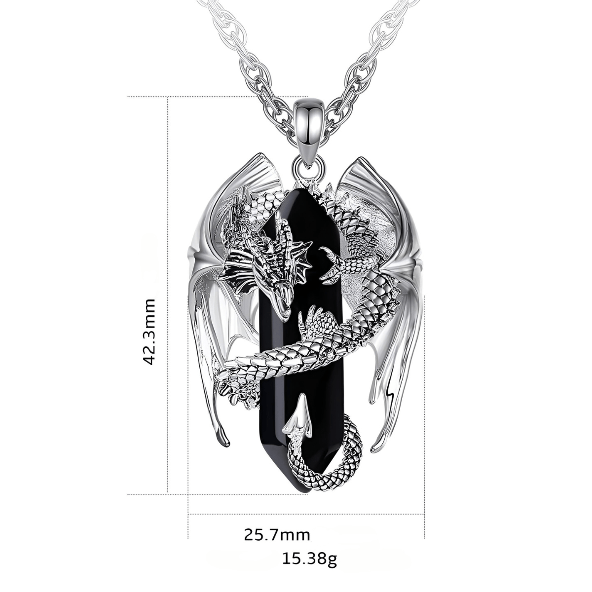 Collier obsidienne avec pendentif en forme de pointe noire entourée d’un dragon argenté sculpté avec ailes déployées