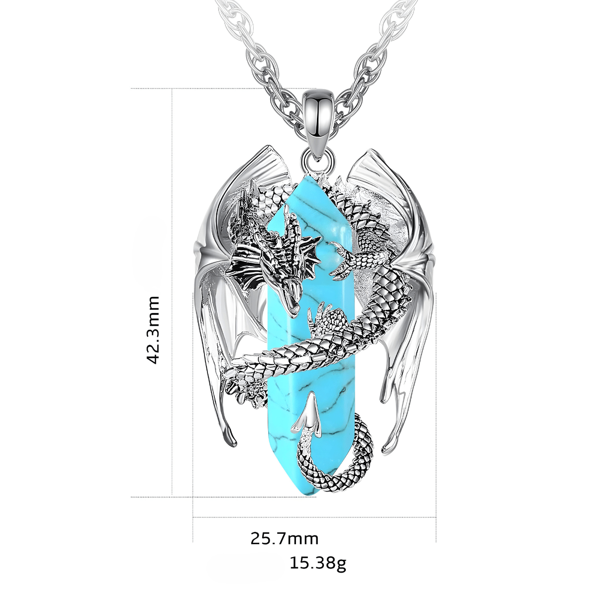 Collier turquoise fantaisie avec pendentif cristal de 42,3 mm et dragon argenté sculpté