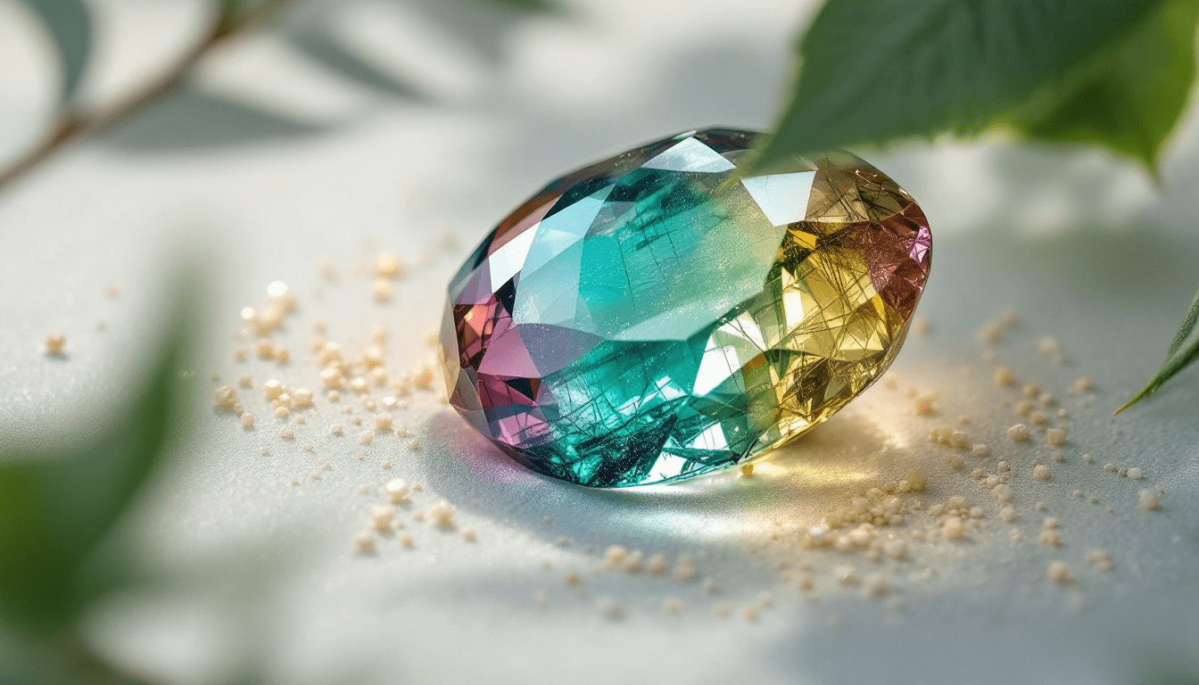 Cristal de tourmaline multicolore facetté sur fond naturel, illustrant les bienfaits de la tourmaline