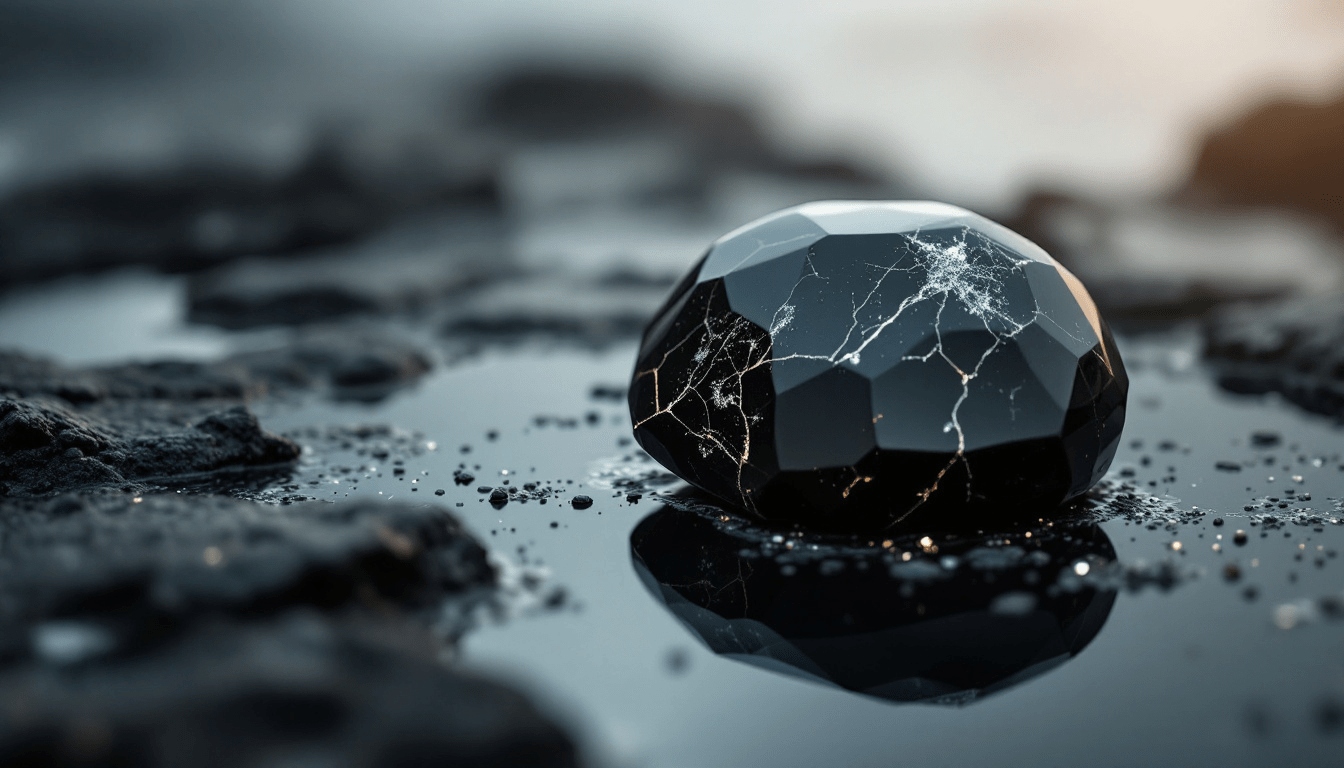 Pierre d’obsidienne noire facettée posée sur une surface humide, illustrant les bienfaits de l’obsidienne