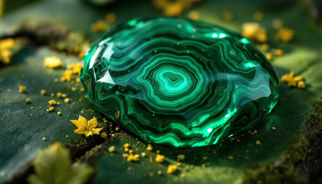 Pierre de malachite verte aux motifs concentriques, illustrant les bienfaits de la malachite en lithothérapie