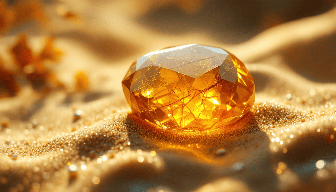 Pierre de citrine taillée aux tons dorés éclatants, évoquant ses bienfaits de joie, d’abondance et de rayonnement énergétique