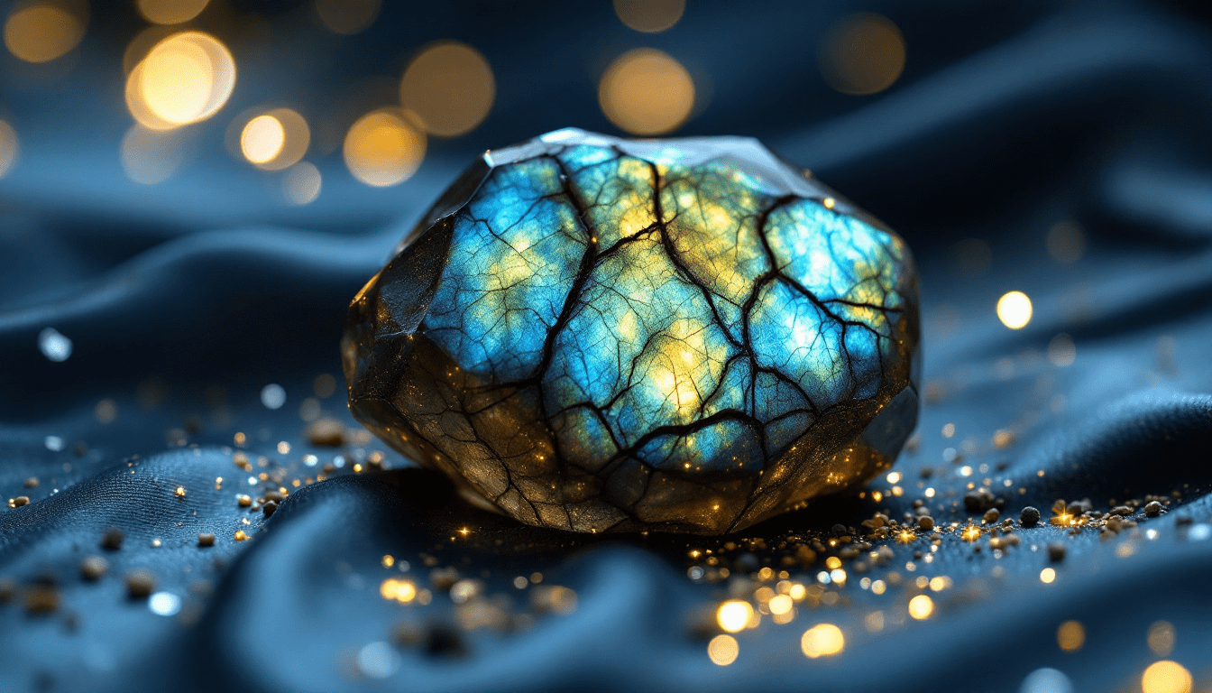 Pierre de labradorite taillée aux reflets bleus et dorés, mettant en valeur ses bienfaits de protection et d’équilibre énergétique