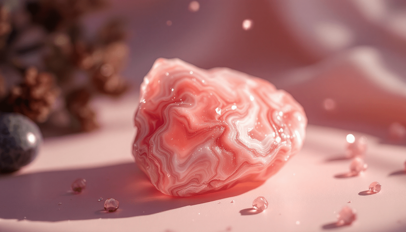 Image représentant les bienfaits de la rhodochrosite, pierre rose aux vertus de guérison, de stabilité émotionnelle, d’amour sincère, de confiance et de joie retrouvée.