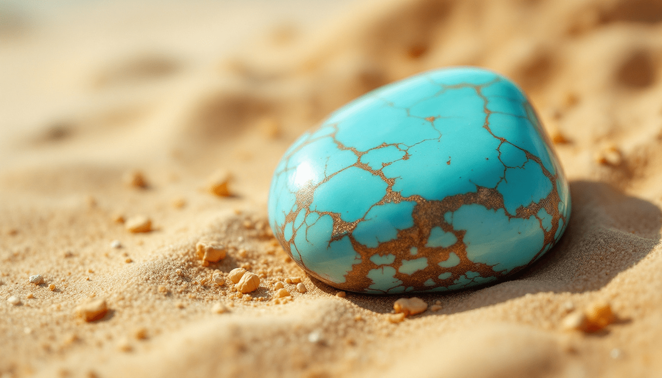 Pierre turquoise polie posée sur du sable chaud, illustrant les bienfaits de la turquoise en lithothérapie
