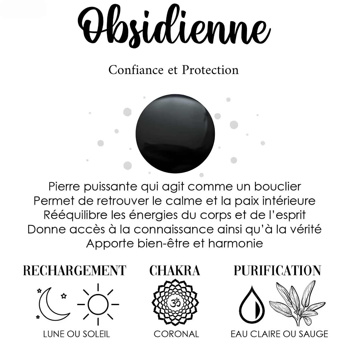 Fiche descriptive sur l’obsidienne, pierre de protection et d’équilibre énergétique, avec purification à l’eau ou sauge et rechargement au soleil ou lune.