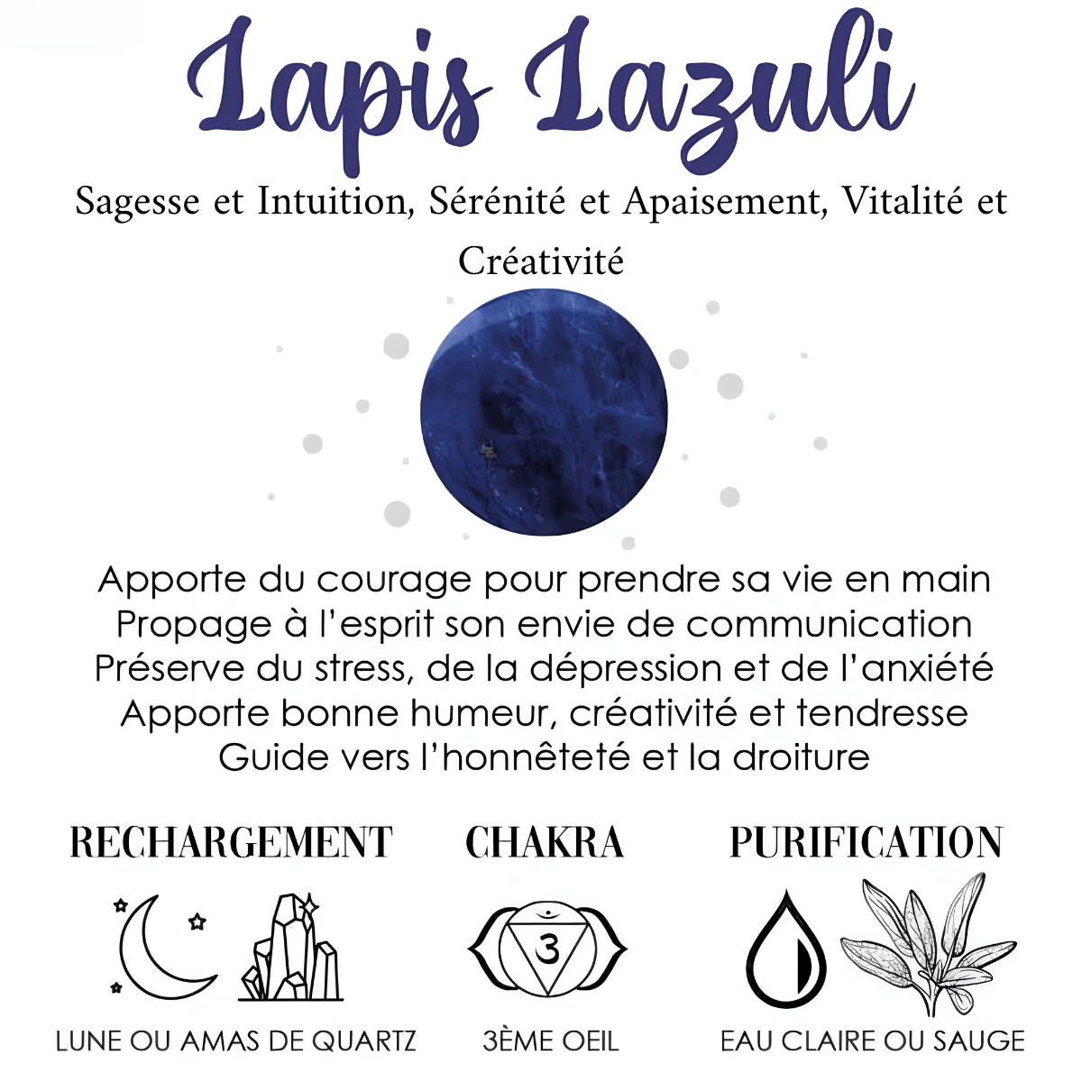Fiche descriptive sur le lapis lazuli, ses bienfaits sur l’esprit et la communication, purification à l’eau ou sauge et rechargement à la lune ou quartz.