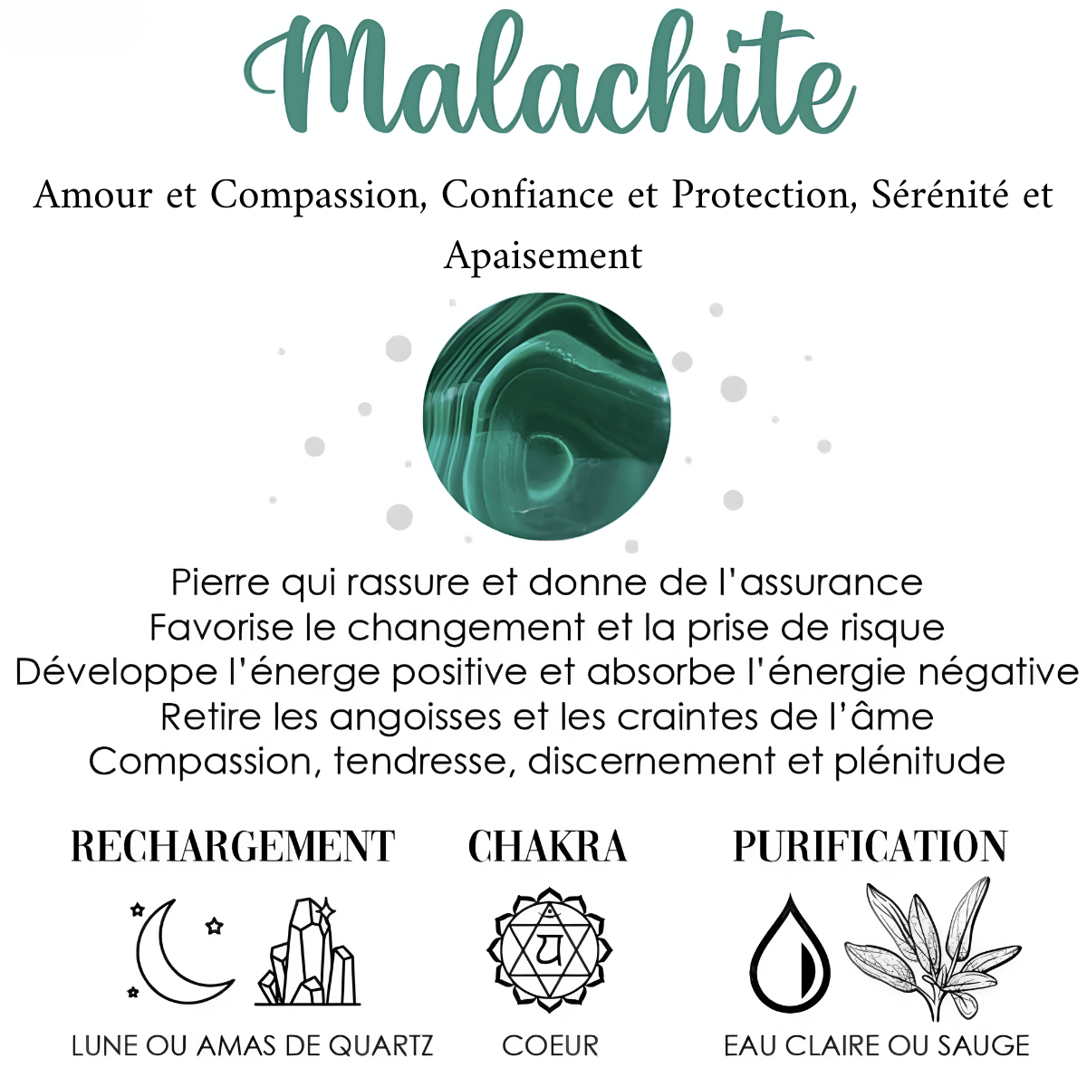 Fiche descriptive sur la malachite présentant ses bienfaits apaisants, méthode de purification à l’eau ou sauge et rechargement à la lune ou quartz.