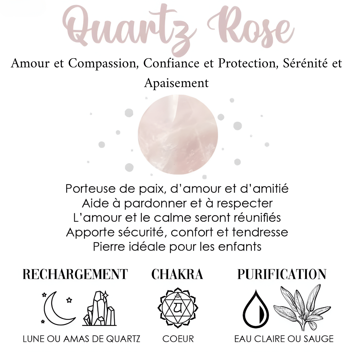 Fiche descriptive sur le quartz rose, ses vertus apaisantes et affectives, méthode de purification et rechargement à la lune ou amas de quartz.