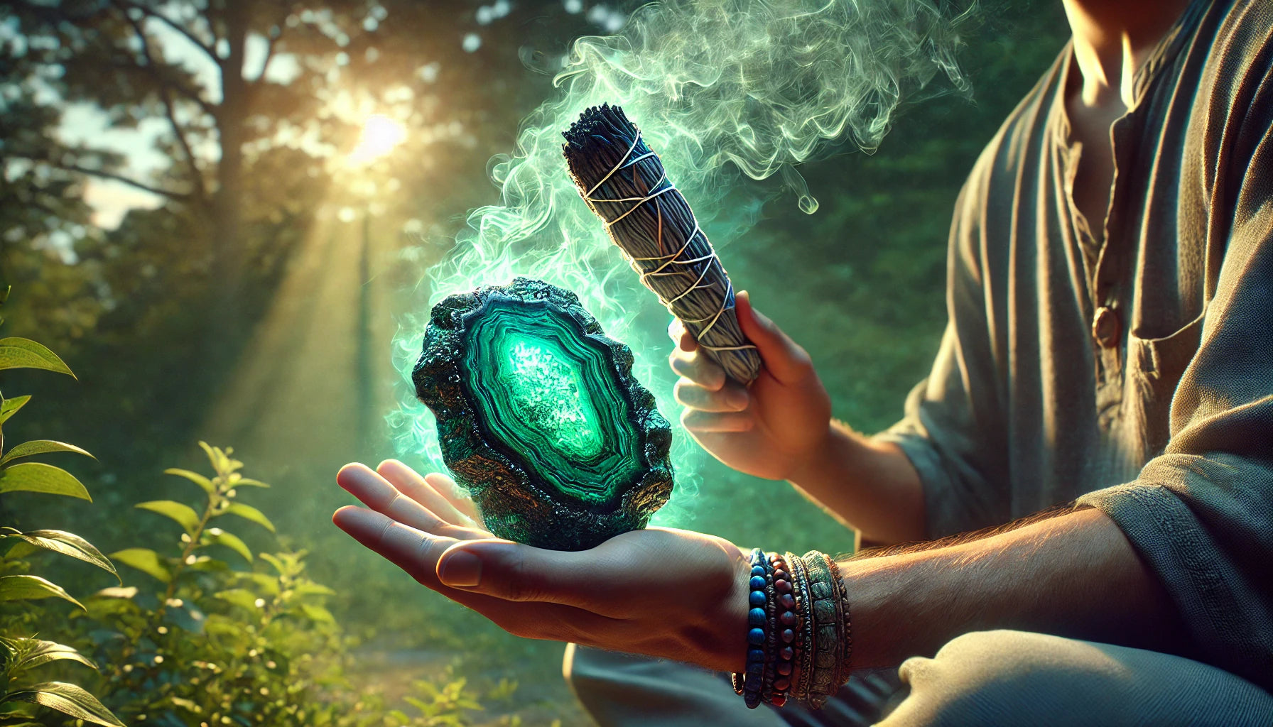 personne tenant une pierre verte brillante dans une main et un bâton de sauge fumant dans l’autre lors d’un rituel de purification en pleine nature