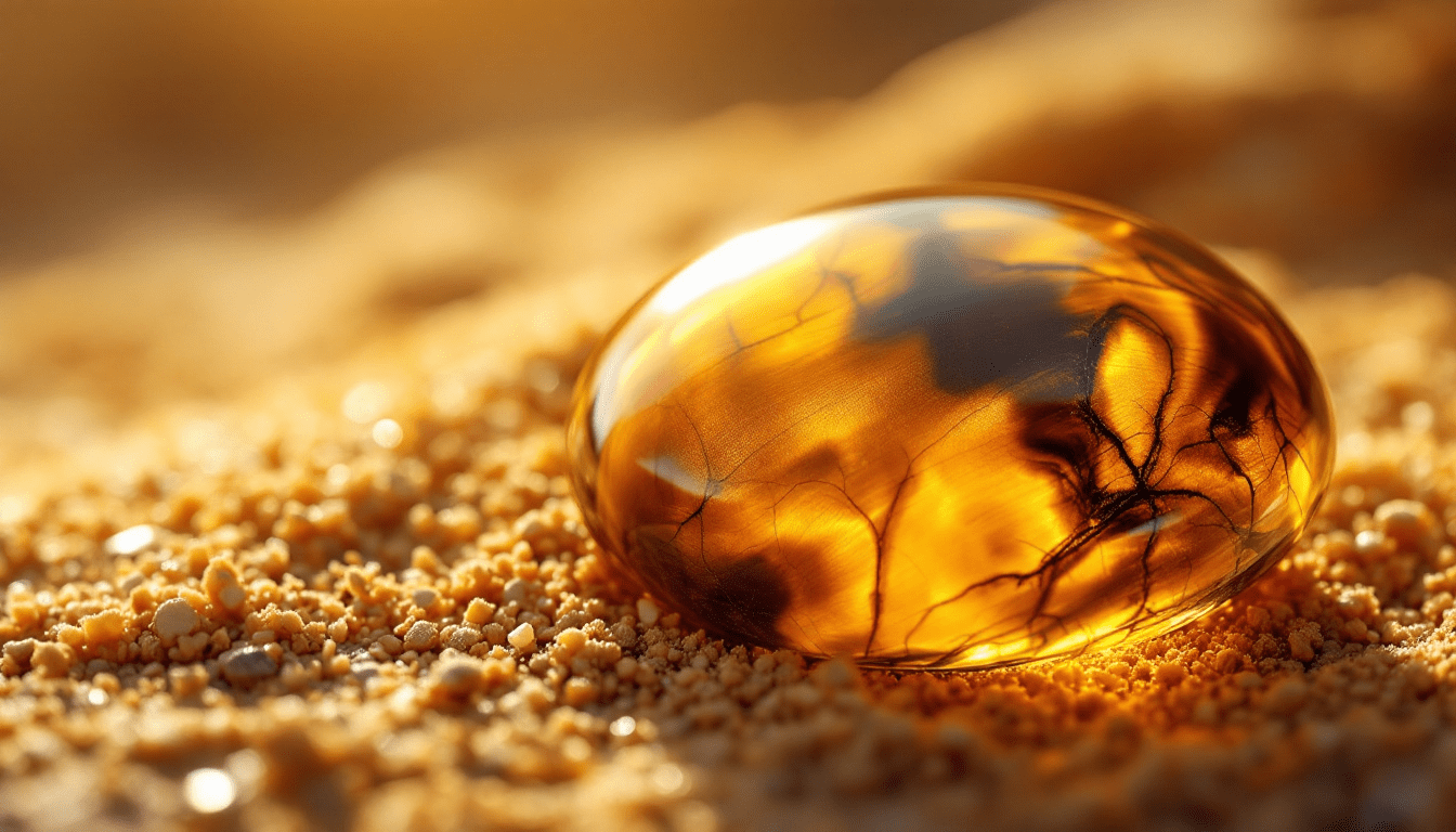 Pierre d’œil de tigre aux reflets dorés sur sable chaud, illustrant les bienfaits de l’œil de tigre