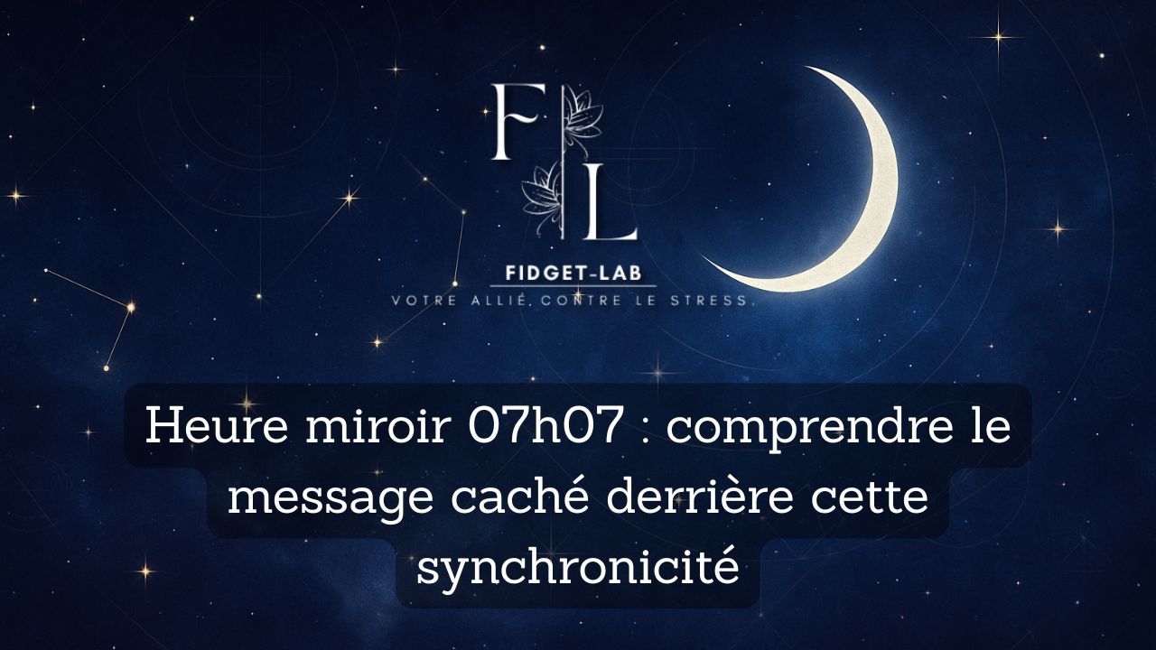 Bannière illustrée représentant l’heure miroir 07h07 avec un ciel étoilé, un croissant de lune et le message sur la signification spirituelle de cette synchronicité.