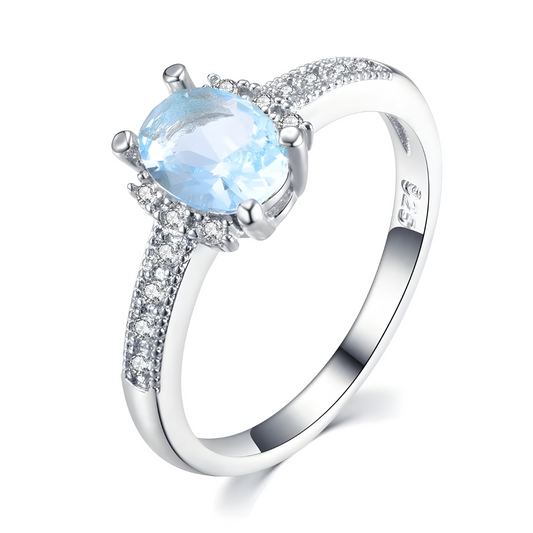 bague aigue marine ovale argent 925 pavée de zirconiums sur l’anneau