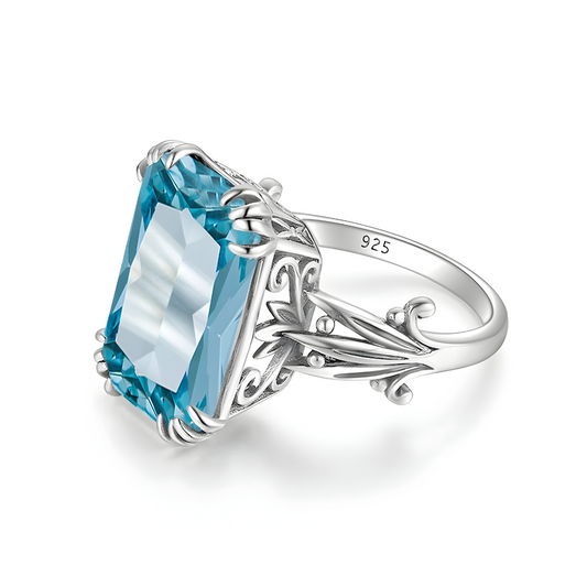 bague aigue marine carrée taille émeraude en argent 925 avec détails floraux