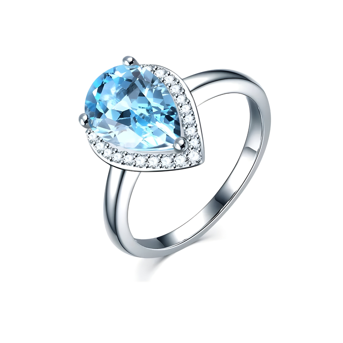 bague aigue marine argent avec pierre en forme de goutte facettée entourée de petits oxydes