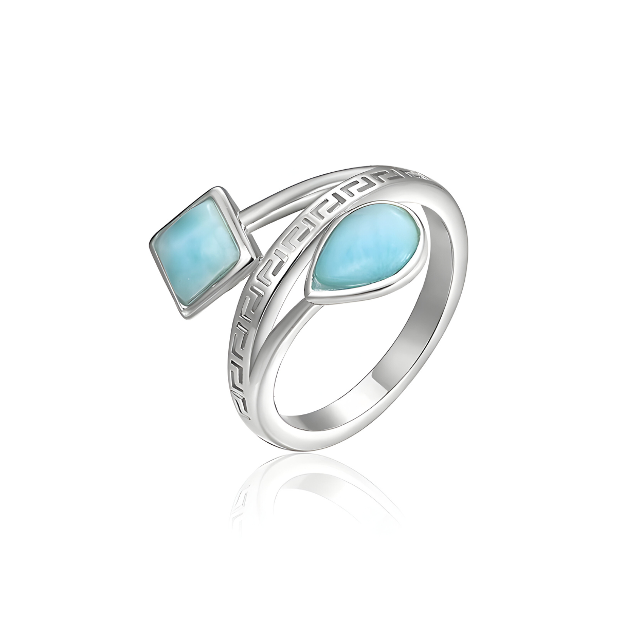 bague aigue marine argent avec pierres bleues en forme de goutte et carré sur anneau ouvert gravé de motifs